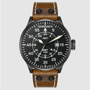 New Torgoen TN-1210 T47 Jumbo Black Sapphire GMT 47mm Leather Watch